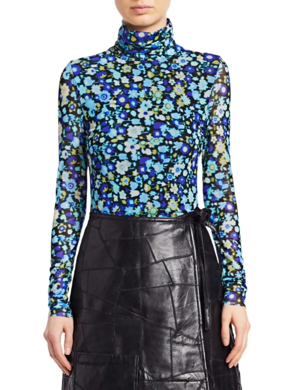 Ganni retro floral lined mesh turtleneck